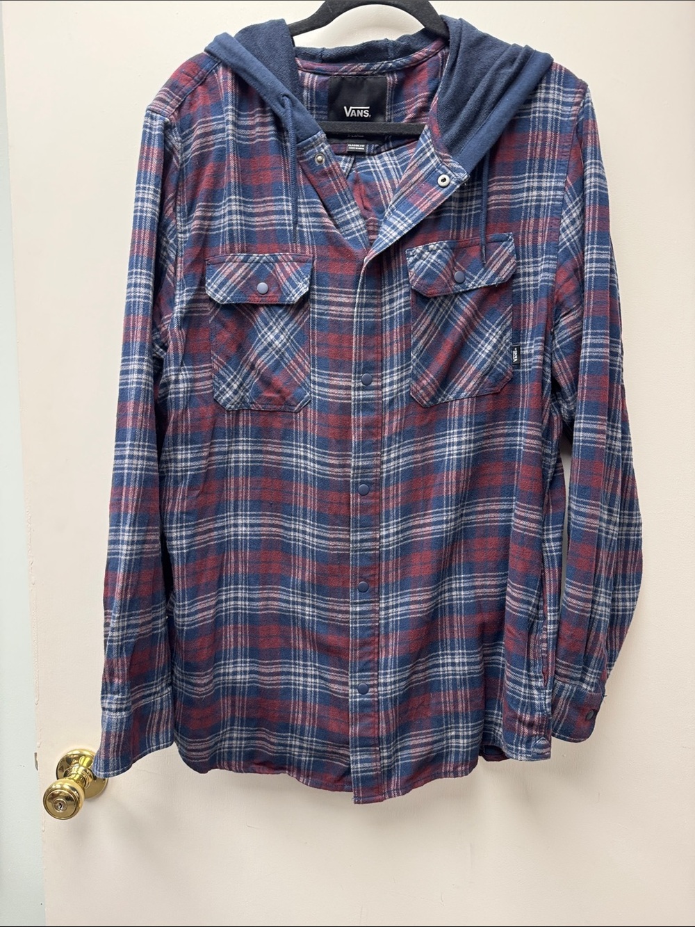 Vans Red and Blue Plaid Hooded Button-Down Shirt